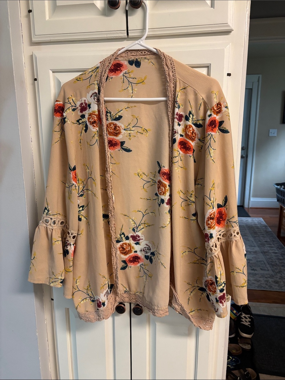Beige Floral Open Cardigan with Crochet Trim